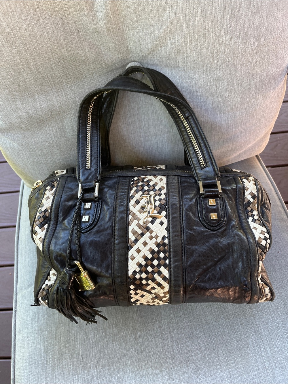 L.A.M.B. Black Leather Satchel Woven Accents, Gold  Hardware